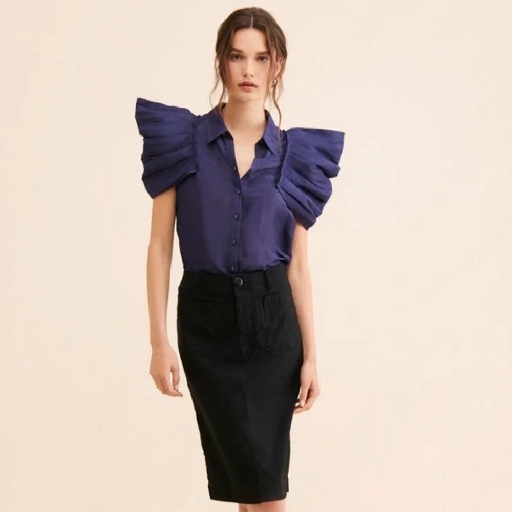 Aureta - Anthropologie Top Puff Statement Sleeve Navy Collared Blouse Silk Linen